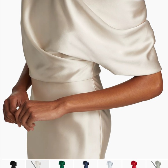 Amsale Pryce Off-Shoulder Satin Column Gown champagne color - Picture 3 of 5